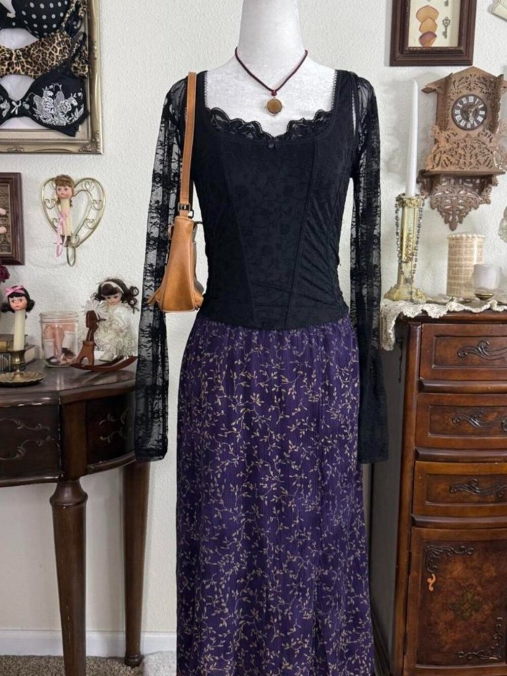 90’s vintage witchy whimsigoth purple floral midi skirt